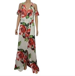 VTG ‎ Gibiu Women Size L  Boho Floral Cold Shoulder Split Maxi Dress Red/White